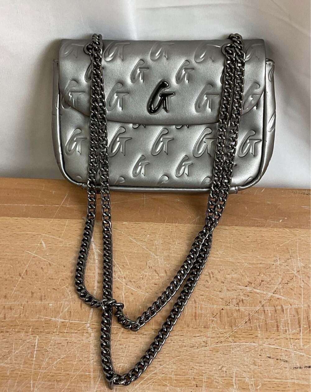 Glam-Aholic Silver Monogram Flap Bag with Chain Strap